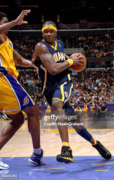 Jermaine O'Neal of the Indiana Pacers drives to the hoop against the Los Angeles Lakers on January 9, 2006 at Staples Center in Los Angeles,...