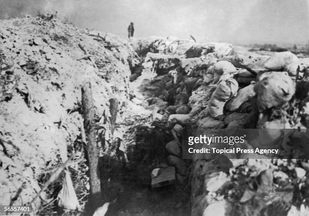Havoc in a German trench during the French offensive on the Somme, World War I, July 1916.