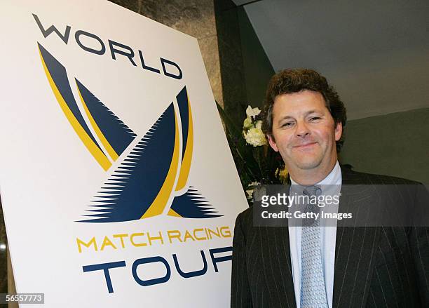 Scott MacLeod, president of World Match Racing Tour poses with the new logo after he announced their intention to a partnership with ISAF during the...