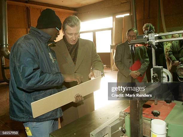 Belgian Royal Prince Philippe visits the APIDES factory, where he spent time at an enterprise scheme which helps adults learn woodworking skills, in...