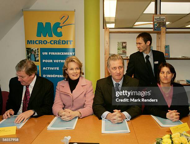 Belgian Royals Prince Philippe and Princess Mathilde assist a meeting at Credal, the laureat of the Princess Mathilde Prize, in Louvain-la-Neuve on...