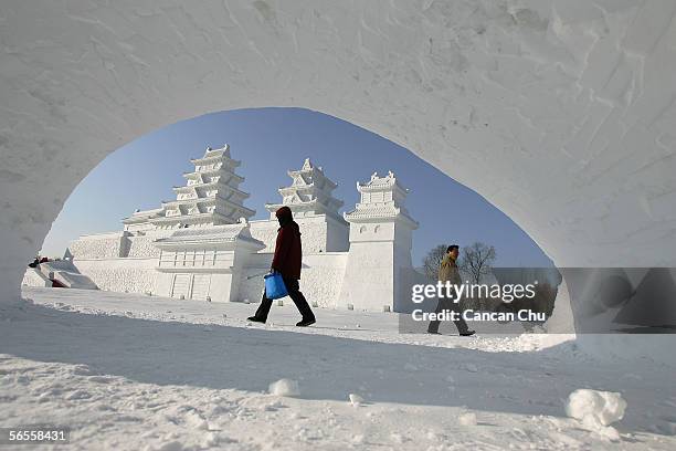 Snow buildings are displayed at the Sun Island, part of the 22nd Harbin International Ice and Snow Festival on January 10, 2006 in Harbin,...