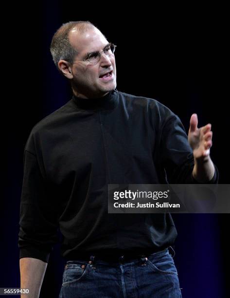 Apple CEO Steve Jobs delivers the keynote address during the 2006 Macworld January 10, 2006 in San Francisco. Jobs announced a new iMac G5 with Intel...