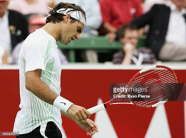 Roger Federer of Switzerland looks dejected during his match against Tommy Haas of Germany during day one of the AAMI Classic at Kooyong Lawn Tennis...