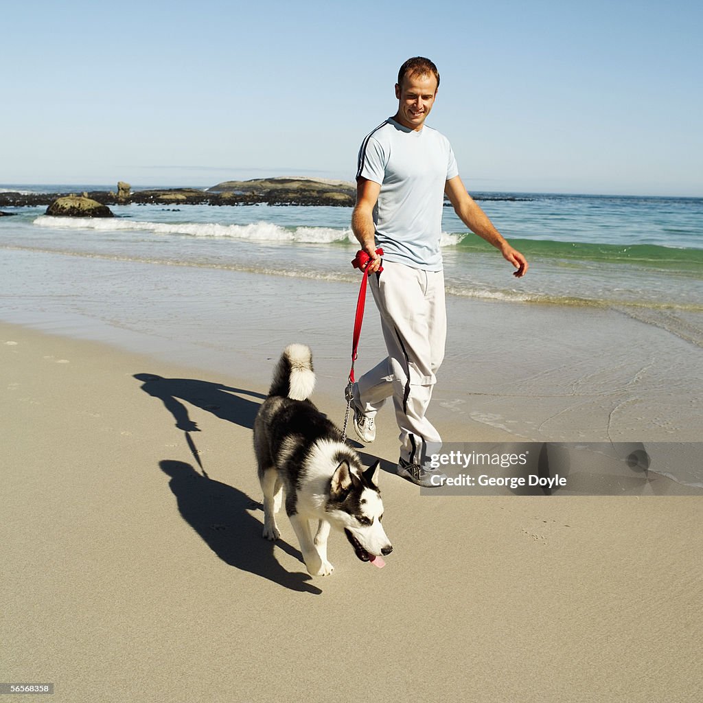 Young man walking with his dog on the beach