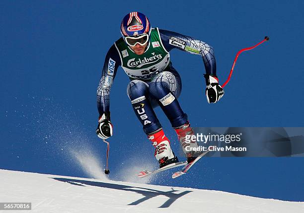 Bode Miller of the USA in action during first training for the Wengen FIS World Cup Downhill race on January 11 in Wengen, Switzerland.