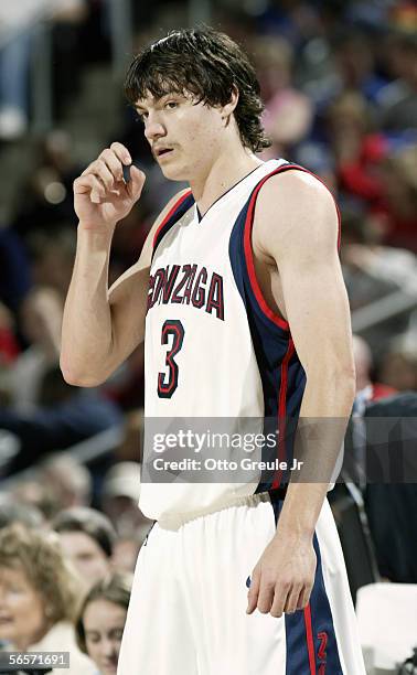 Adam Morrison of the Gonzaga Bulldogs stands on the court during the game with the Oklahoma State Cowboys at Key Arena on December 10, 2005 in...