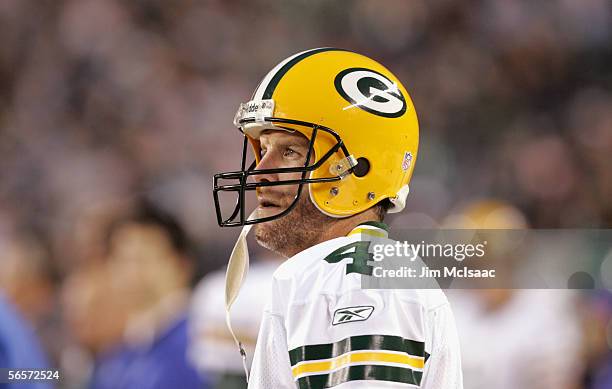 Quarterback Brett Favre of the Green Bay Packers is on the field during the game against the Philadelphia Eagles on November 27, 2005 at Lincoln...