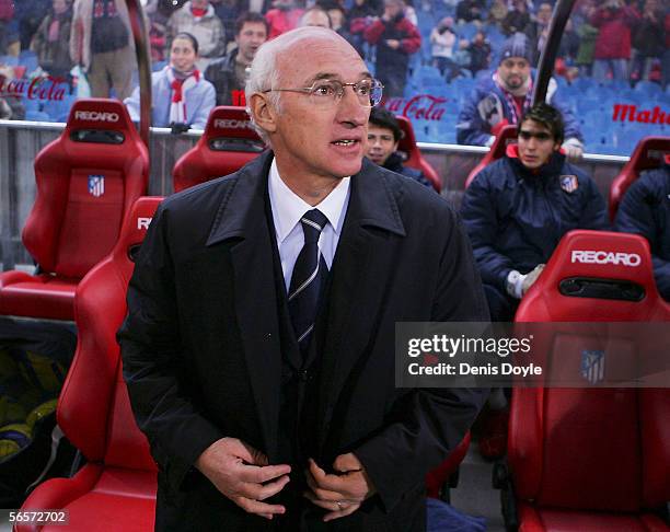 Atletico Madrid manager Carlos Bianchi looks on before the start of a Copa del Rey, second round, first leg match between Atletico Madrid and Real...