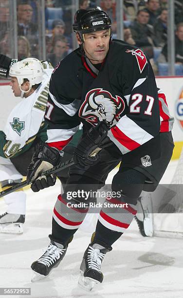 Teppo Numminen of the Buffalo Sabres skates against the Dallas Stars during the NHL game on December 14, 2005 at HSBC Arena in Buffalo, New York. The...