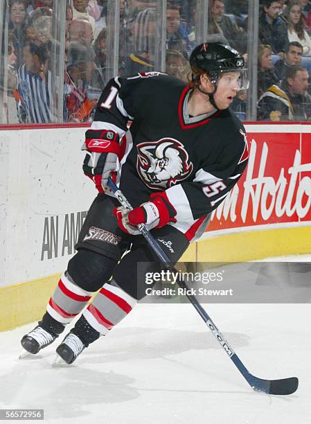 Brian Campbell of the Buffalo Sabres skates against the Dallas Stars during the NHL game on December 14, 2005 at HSBC Arena in Buffalo, New York. The...