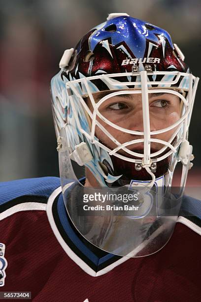 Goaltender Peter Budaj of the Colorado Avalanche looks on against the Phoenix Coyotes on December 26, 2005 at the Pepsi Center in Denver, Colorado....