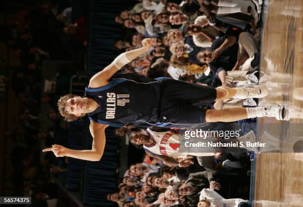Dirk Nowitzki of the Dallas Mavericks reacts against the New York Knicks at Madison Square Garden January 11, 2006 in New York City. NOTE TO USER:...