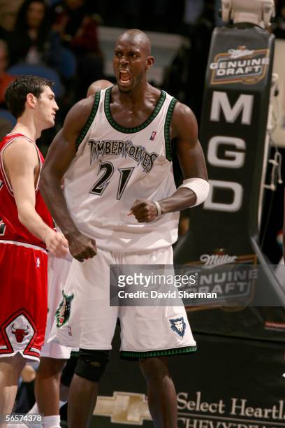 Kevin Garnett of the Minnesota Timberwolves reacts after making the shot and being fouled against the Chicago Bulls on January 11, 2006 at the Target...