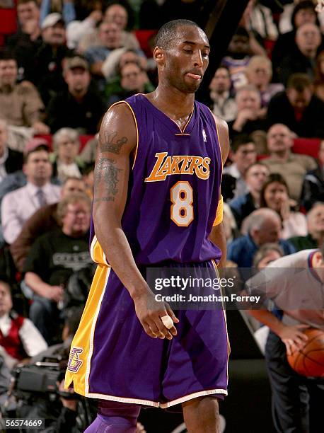 Kobe Bryant of the Los Angeles Lakers walks off the court during the game against the Portland Trail Blazers on January 11, 2006 at the Rose Garden...