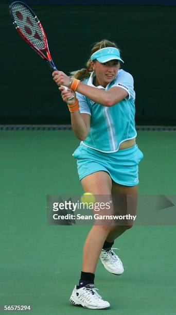 Michaella Krajicek of the Netherlands in action against Jelena Kostanic of Croatia during day five of the Sony Ericsson Moorilla International at the...