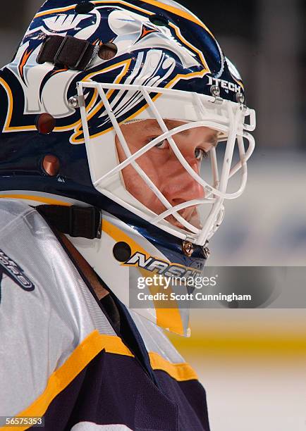 Tomas Vokoun of the Nashville Predators watches warmups against the Atlanta Thrashers on January 11, 2006 at Philips Arena in Atlanta, Georgia. The...