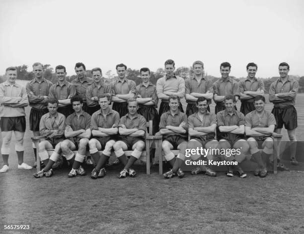 England's World Cup squad at a training session at the Bank of England ground in Roehampton, 29th May 1958. Back row, left to right: Edward...