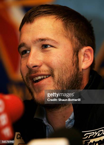 Bode Miller, of the USA, talks to the media after his second day of training for the Wengen FIS World Cup Downhill race on January 12, 2006 in...