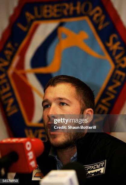 Bode Miller, of the USA, talks to the media after his second day of training for the Wengen FIS World Cup Downhill race on January 12, 2006 in...