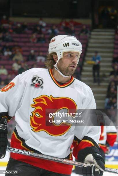 Tony Amonte of the Calgary Flames skates before the game against the New Jersey Devils on December 7, 2005 at Continental Airlines Arena in East...