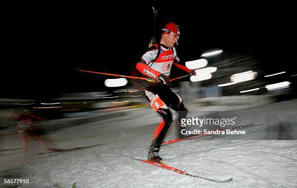Daniel Mesotitsch of Austria skates along the track during the men's 4x7.5 km relay of the Biathlon World Cup on January 12, 2006 in Ruhpolding,...