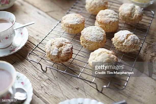 table with fresh scones and tea - scone stock pictures, royalty-free photos & images