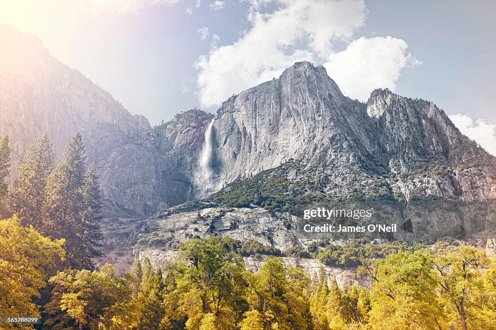 Waterfall and mountains with foreground trees