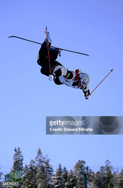 Nathan Roberts of the USA goes airborne off a jump during the Qualifications of the Men's Moguls during the Freestyle World Cup, on January 12, 2006...