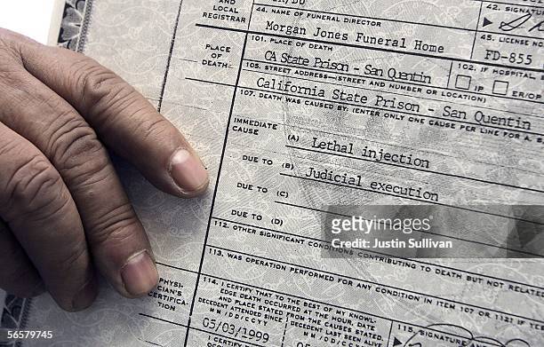 The cause of death is listed as "lethal injection" on a copy of the death certificate of executed killer Manny Babbitt January 12, 2005 on the steps...