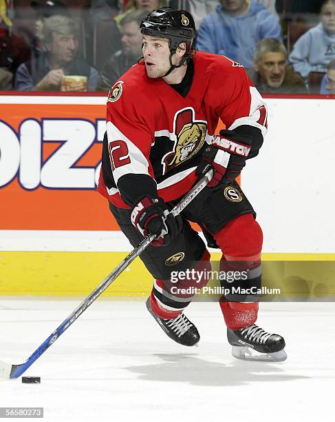 Mike Fisher of the Ottawa Senators skates against the San Jose Sharks on January 12, 2006 at the Corel Centre in Ottawa, Ontario, Canada. The Sharks...