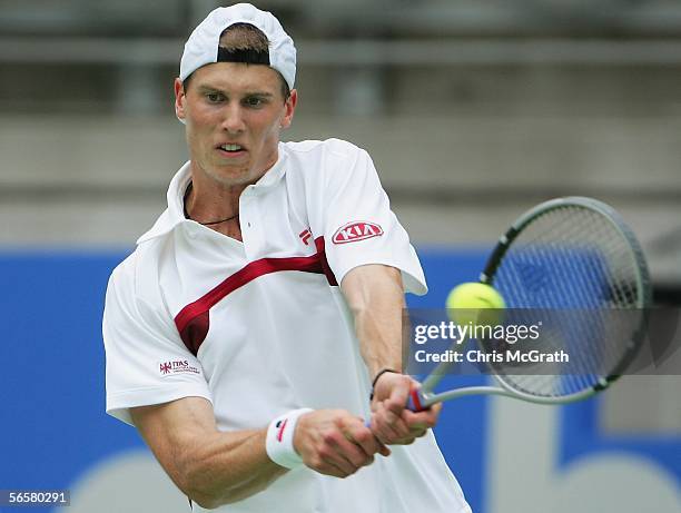 Andreas Seppi of Italy hits a retrun to Igor Andreev of Russia during play on day six of the Medibank International held at the Sydney International...