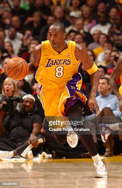 Kobe Bryant of the Los Angeles Lakers brings the ball up court against the Dallas Mavericks December 20, 2005 at Staples Center in Los Angeles,...