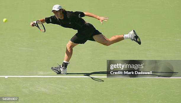 Andy Murray of Great Britain chases down the ball during his exhibition match with Peter Luczak of Australia during Day 3 of the 2006 AAMI Classic at...