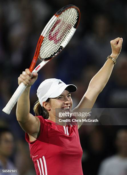 Justine Henin-Hardenne of Belgium celebrates winning the Women's final after defeating Francesca Schiavone of Italy during play on day six of the...