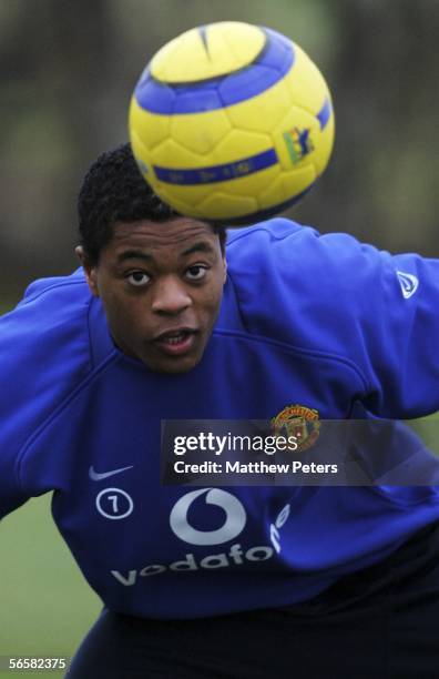 Patrice Evra of Manchester United in action on the ball during a first team training session at Carrington Training Ground on January 13 2006 in...