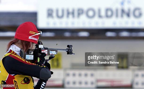 Kati Wilhelm of Germany shoots during the women's 7.5 km sprint of the Biathlon World Cup on January 13, 2006 in Ruhpolding, Germany.
