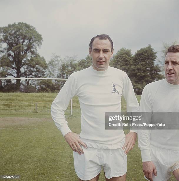 English footballer and striker with Tottenham Hotspur, Alan Gilzean pictured at Spurs training ground with, on right, Dave Mackay circa 1967.