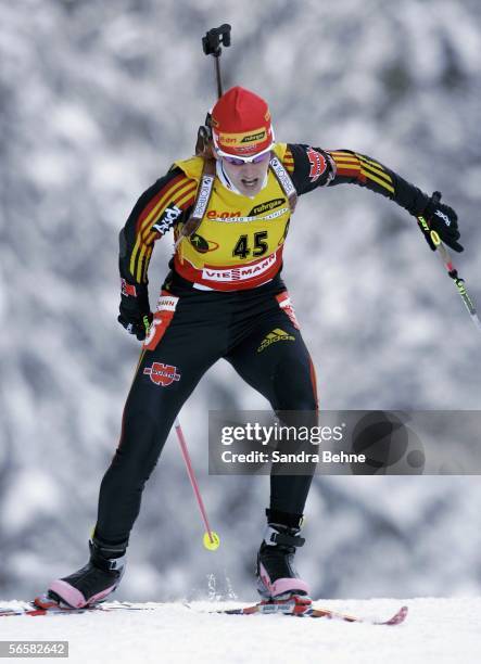 Kati Wilhelm of Germany competes during the women's 7.5 km sprint of the Biathlon World Cup on January 13, 2006 in Ruhpolding, Germany.