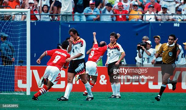 Yordan Letchkov of Bulgaria celebrates after scoring the second goal for Bulgaria during the World Cup quarter final match between Bulgaria and...