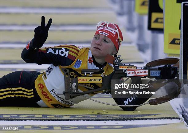 Andrea Henkel of Germany gestures during the women's 7.5 km sprint of the Biathlon World Cup on January 13, 2006 in Ruhpolding, Germany.