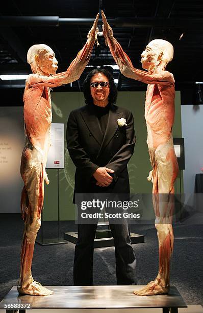 Kiss singer and bassist Gene Simmons poses for a photo as he visits "Bodies...The Exhibition" at the South Street Seaport January 13, 2006 in New...