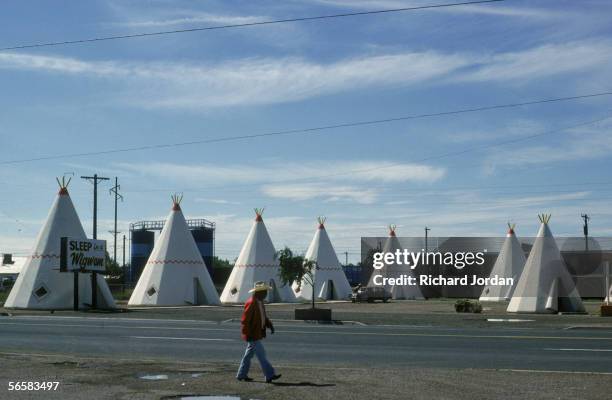 'Sleep in a Wigwam' at the Wigwam Motel on Historic Route 66, Holbrook, Arizona, 1989. There are a number of these tepee-shaped motels around the...