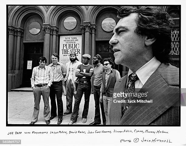 Producer Joseph Papp with playwrights Jason Miller, David Rabe, John Ford Noonan, Ilunga Adell, Cyamo and Murray Mednick, 1972. Photo by Jack...