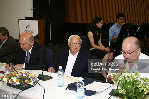 Pictured are, from left, attorney Yair Green, former Israeli President Yitzhak Navon, and attorney Yeheskell Beinisch at the annual meeting of the...