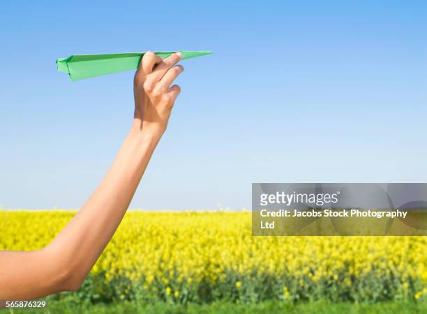 indian woman holding green paper airplane in field of flowers - air vehicle stock pictures, royalty-free photos & images