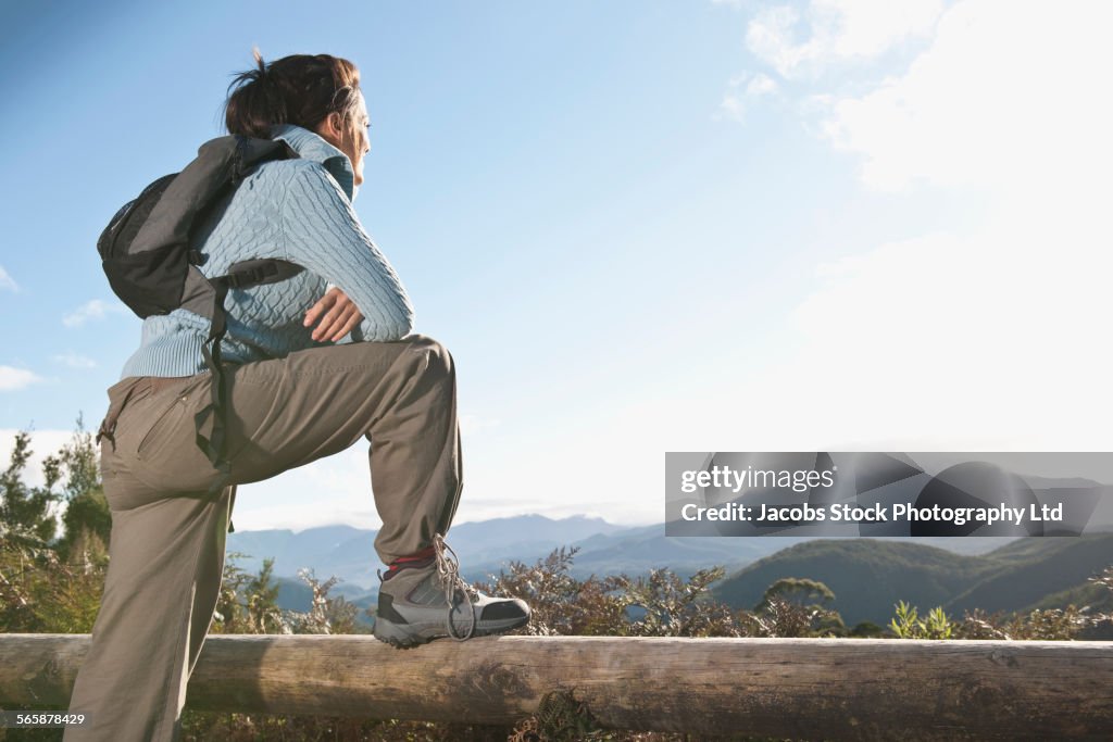 Hispanic hiker overlooking remote landscape