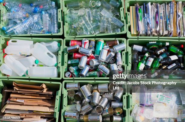 close up of organized recycling bin - recycling fotografías e imágenes de stock