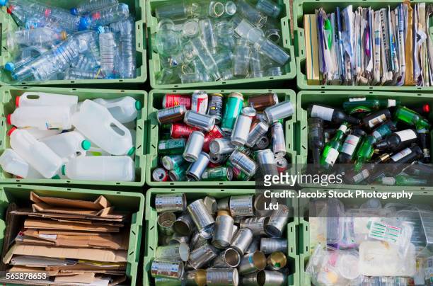 close up of organized recycling bin - recycling stockfoto's en -beelden