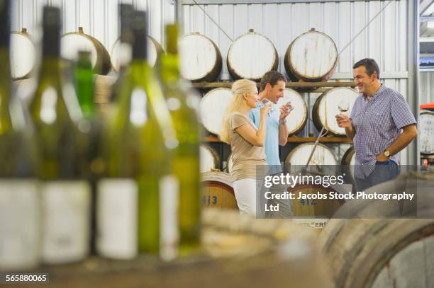 caucasian friends tasting wine in winery - australia winery stock pictures, royalty-free photos & images